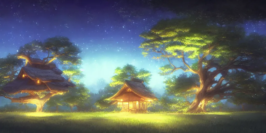 Image similar to beautiful anime painting of a treehouse at nighttime, by makoto shinkai, koto no ha no niwa, artstation, atmospheric.