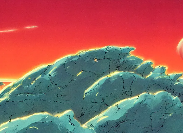 Image similar to 1 9 8 0 s science fiction anime background painting of a desert alien planet