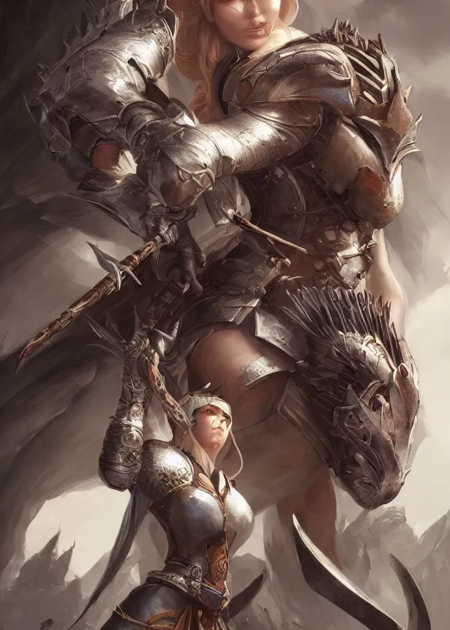 Prompt: a beautiful hyper realistic detailed epic concept art showing a noble knight women with her raccoon gardian above her, by artgerm, dareck zabrocki, in the style of dragon age, featured on artstation