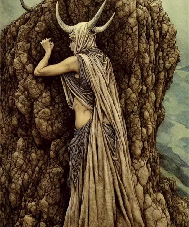 Prompt: A detailed woman with huge horns stands among the hills. Wearing a ripped mantle, robe. Perfect faces, extremely high details, realistic, fantasy art, solo, masterpiece, art by Zdzisław Beksiński, Arthur Rackham, Dariusz Zawadzki