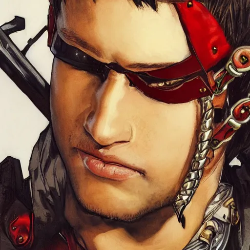 Image similar to portrait of a young white hero using his right arm to hold his sword covering his eye by yoji shinkawa, high quality, extra details, realism, ornate, colored, golden chain, blood, white skin, short hair, brown eyes, vivid, sunlight, red headband, black eyepatch, white american soldier, painting, cybernetics, military