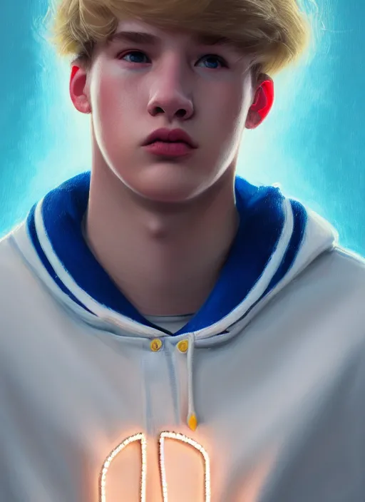 Image similar to portrait of high school senior boy named big moose, blonde short hair, jock, beefy, wide face, square jaw, square facial structure, blue varsity jacket with letter r, intricate, elegant, glowing lights, highly detailed, digital painting, artstation, concept art, sharp focus, illustration, art by wlop, mars ravelo and greg rutkowski