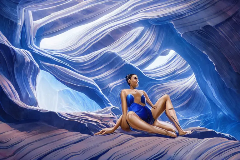 Prompt: futuristic female Goddess wearing luxurious royal blue suit relaxing at Antelope canyon, rocks formed by water erosion, walls made of beautiful smooth sandstone in unique shapes, light beams that shine through its walls, polish narrow slots of walls into a striated swirling finish, digital painting, concept art, smooth, sharp focus, from Star Trek 2021, illustration, by WLOP and Ruan Jia and Mandy Jurgens and William-Adolphe Bouguereau, Artgerm