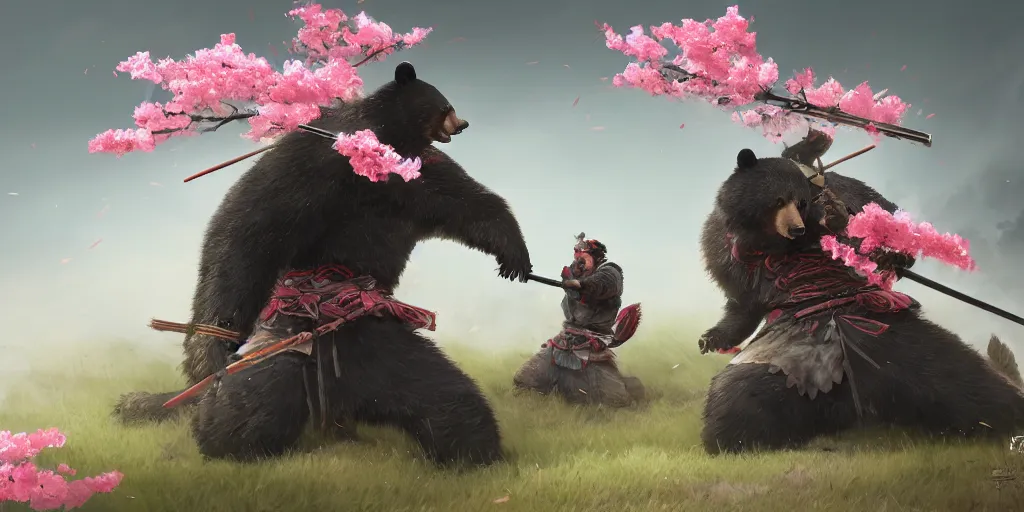 Prompt: an environmental concept art of anthropomorphic asian black bear samurai, samurai duel, sakura petals blowing in the wind, highly detailed, environmental light, cinematic by francis tneh