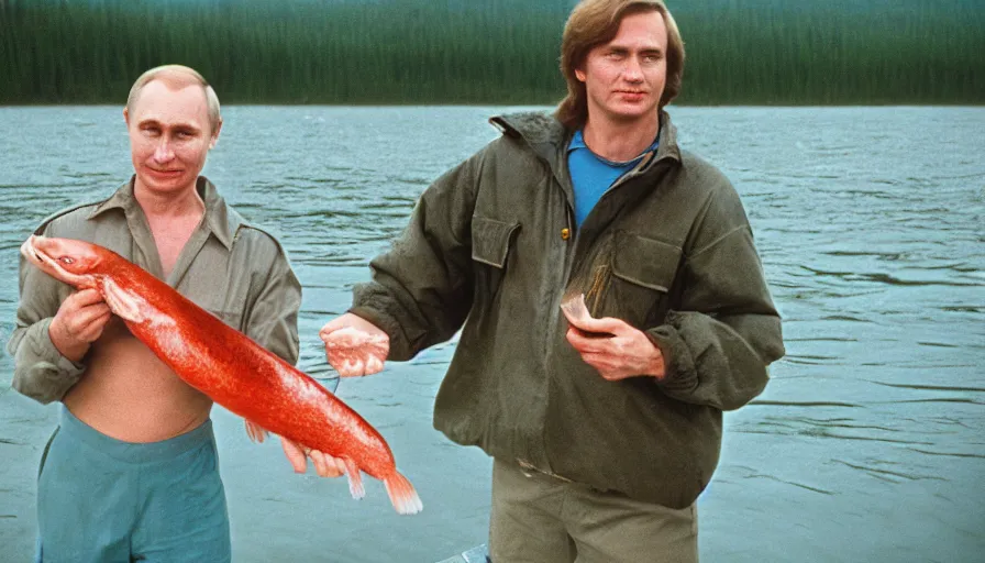 Image similar to 7 0 s movie still of putin in speedo, proudly holding a salmon on a fishing trip in siberia. cinestill 8 0 0 t _ 3 5 mm eastmancolor, heavy grain, high quality, high detail