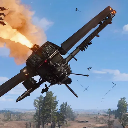 Prompt: apache helicopter in rdr 2 firing missiles