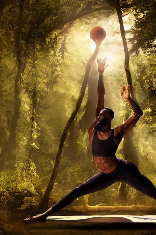 Image similar to lebron james doing yoga in the forest, cybertronian, long shot, cinematography by wes anderson, 4 k octane render, intricate detail, photorealistic, cinematic lighting, artstation