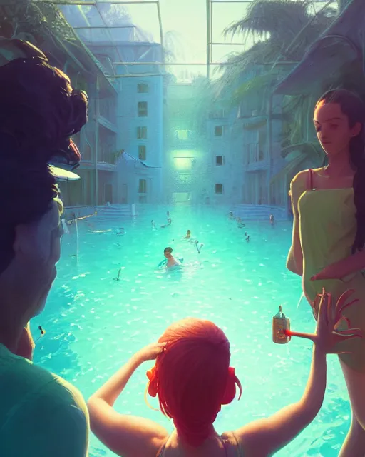 Image similar to highly detailed surreal vfx portrait of a pasta pool party, stephen bliss, unreal engine, greg rutkowski, loish, rhads, beeple, makoto shinkai and lois van baarle, ilya kuvshinov, rossdraws, tom bagshaw, global illumination, detailed and intricate environment