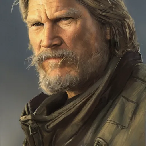 Prompt: portrait of a man by greg rutkowski, he looks like jeff bridges, wearing the military fatigues of the corellian confederation, star wars expanded universe, he is about 5 0 years old, highly detailed portrait, digital painting, artstation, concept art, smooth, sharp foccus ilustration, artstation hq