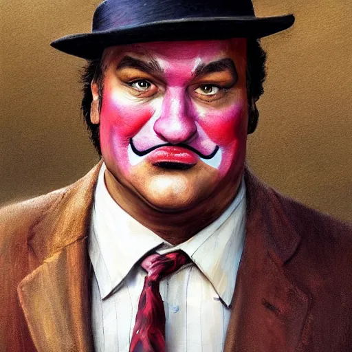 Prompt: UHD hyperrealism painting of Jim Belushi as Dapper Dan, by Antonio Caparo and Todd McFarlane and Greg Rutkowski, UHD, photorealistic, trending on artstation, trending on deviantart, correct face, realistic clown makeup