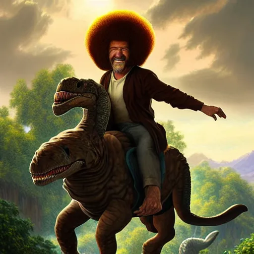 Image similar to bob ross!!! riding!!! a dinosaur!!, giant afro!, model pose, ultra realistic, concept art, intricate details, highly detailed, photorealistic, octane render, 8 k, unreal engine. art by artgerm and greg rutkowski and alphonse mucha