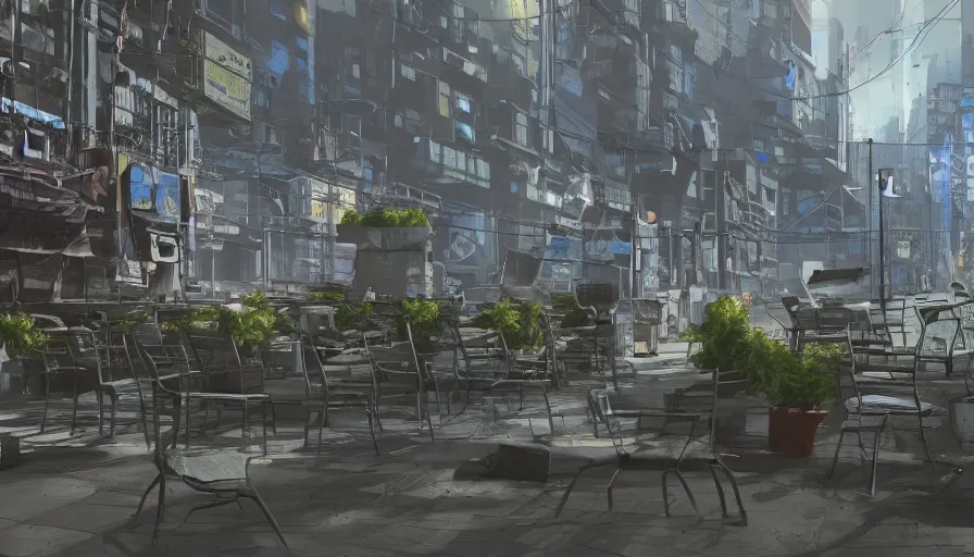 Image similar to chairs piled up ten meters high along the walls of the street, hyperrealistic cyberpunks shaded