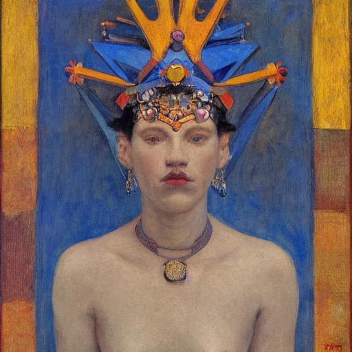 Image similar to the corvid crown, by Annie Swynnerton and Nicholas Roerich and Diego Rivera, blue skin, elaborate costume, geometric ornament, rich color, dramatic cinematic lighting, smooth, sharp focus, extremely detailed