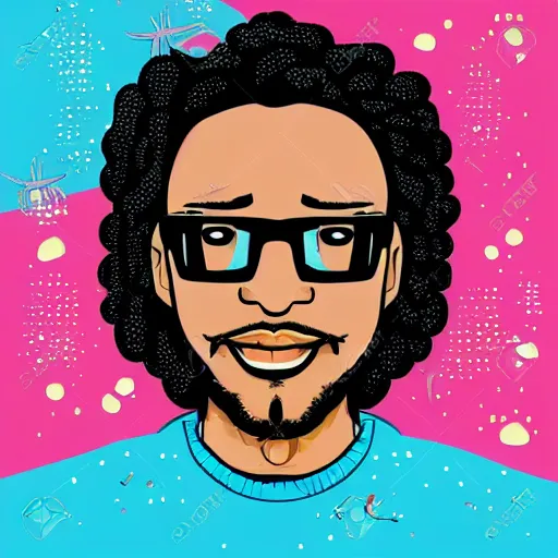 Prompt: sticker illustration vector art of a black man with long curly hair, wearing glasses, on deep sea, detailed