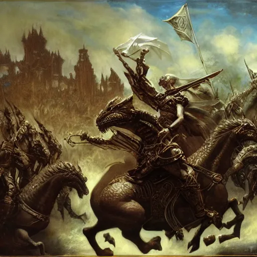 Prompt: an army of draconians riding beasts with flag bearers and trumpeters, intricate detail, royo, vallejo, frazetta, giger, whealan,