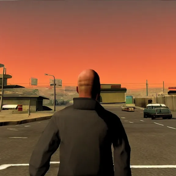 Prompt: Mike Ehrmantraut in Los Santos, screenshot from the PS2 version of GTA San Andreas, orange sky, screenshot from 2004, low quality graphics