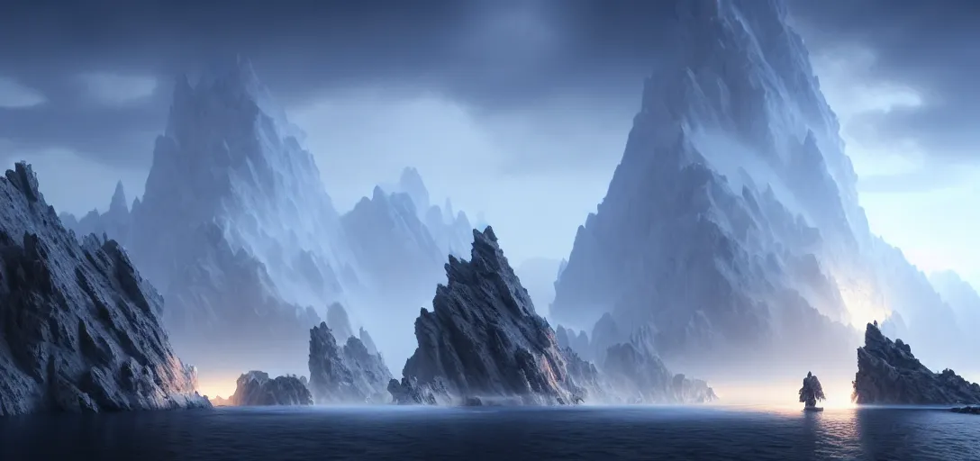 Image similar to octane render uhd, filmic lighting, cinematic art shot, hyperrealistic, hyperdetailed, super detailed, 8 k, high resolution, white rocks made of bone, 8 k uhd matte painting by ross tran and ivan aivazovsky, mega high white mountain, midnight