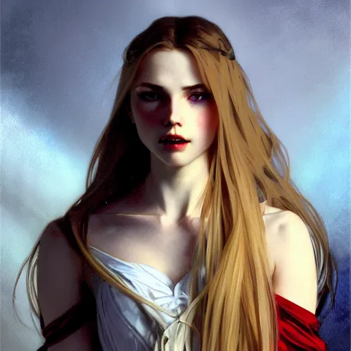 Prompt: portrait of a beautiful young fit girl vampire with long blonde hair and blue eyes, wearing a skirt, by greg rutkowski and alphonse mucha, d & d character, gradient white to red, modern nocturnal background, highly detailed portrait, digital painting, artstation, concept art, smooth, sharp focus ilustration, artstation hq