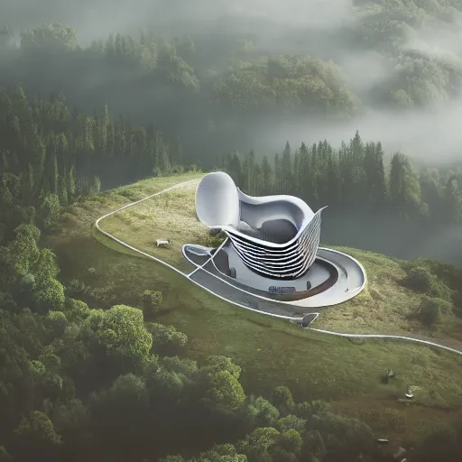 Image similar to An aerial photograph of a music-note-shaped building. The building is on top of a misty hill, photorealistic, highly detailed, sharp focus, smooth, octane render, 4K, digital art