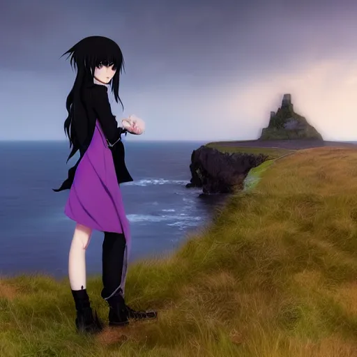 Image similar to 1 7 - year - old pale - skinned persian girl with black long bob cut, black gothic jacket, purple eyes, psychic girl, standing on cliff along the irish coast, overcast gray skies, anime, anime hd, octane render