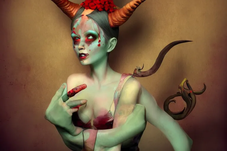 Image similar to pretty demon girl with horns photograph in the style of ray caesar, colorful, realistic, 8 k,