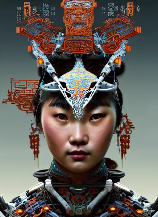 Image similar to portrait of a machine from horizon zero dawn, machine face, upper body, decorated with chinese opera motifs, asian, traditional chinese art, intricate, elegant, highly detailed, digital painting, artstation, concept art, smooth, sharp focus, illustration, art by artgerm and greg rutkowski and alphonse mucha, 8 k