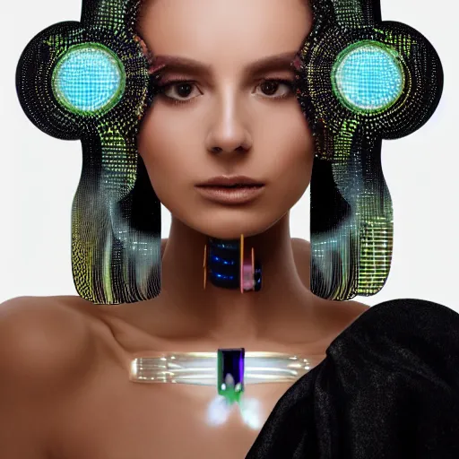 Image similar to portrait of a beautiful futuristic woman layered with high-tech jewelry wrapping around her face and head, 2067