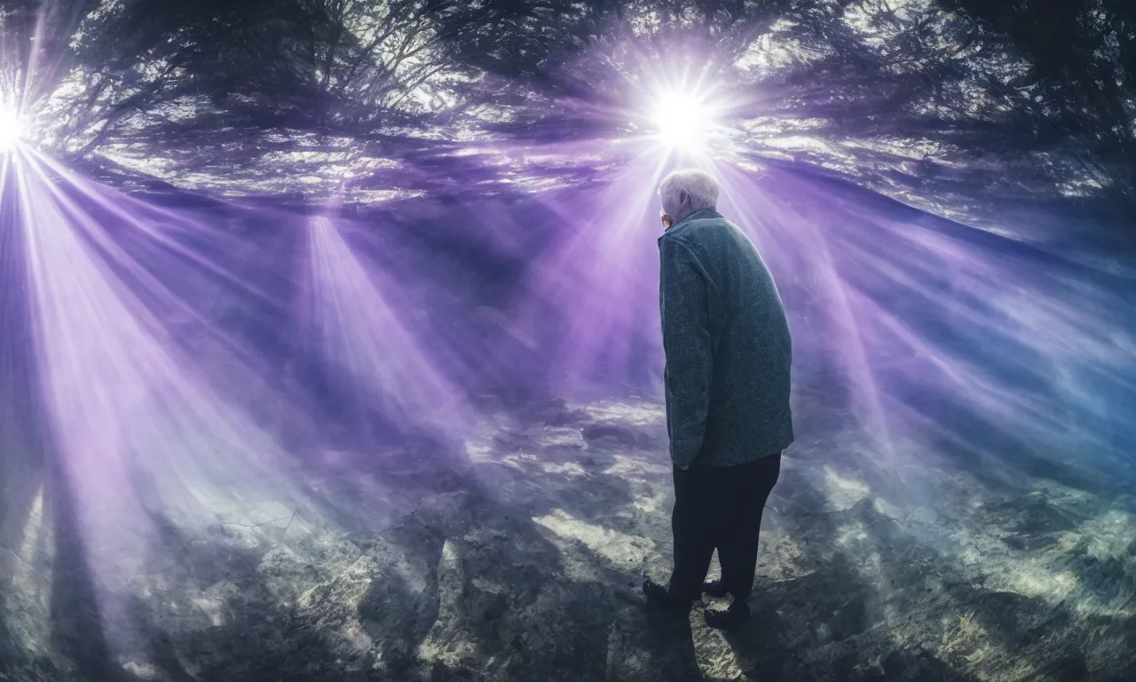 Prompt: a photo of an old man in purple god rays looking sad with a zoomed in fish eye, ultra wide lens, photorealistic, 4 k, 8 k, ultra hd.