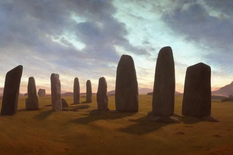Prompt: circle of standing stones at dawn, dramatic cinematic lighting, rich colors, by William Dyce and ford madox brown and April Gornik and Caspar David Friedrich and Diego Rivera and Tyler Edlin and Nicholas Roerich, featured on artstation