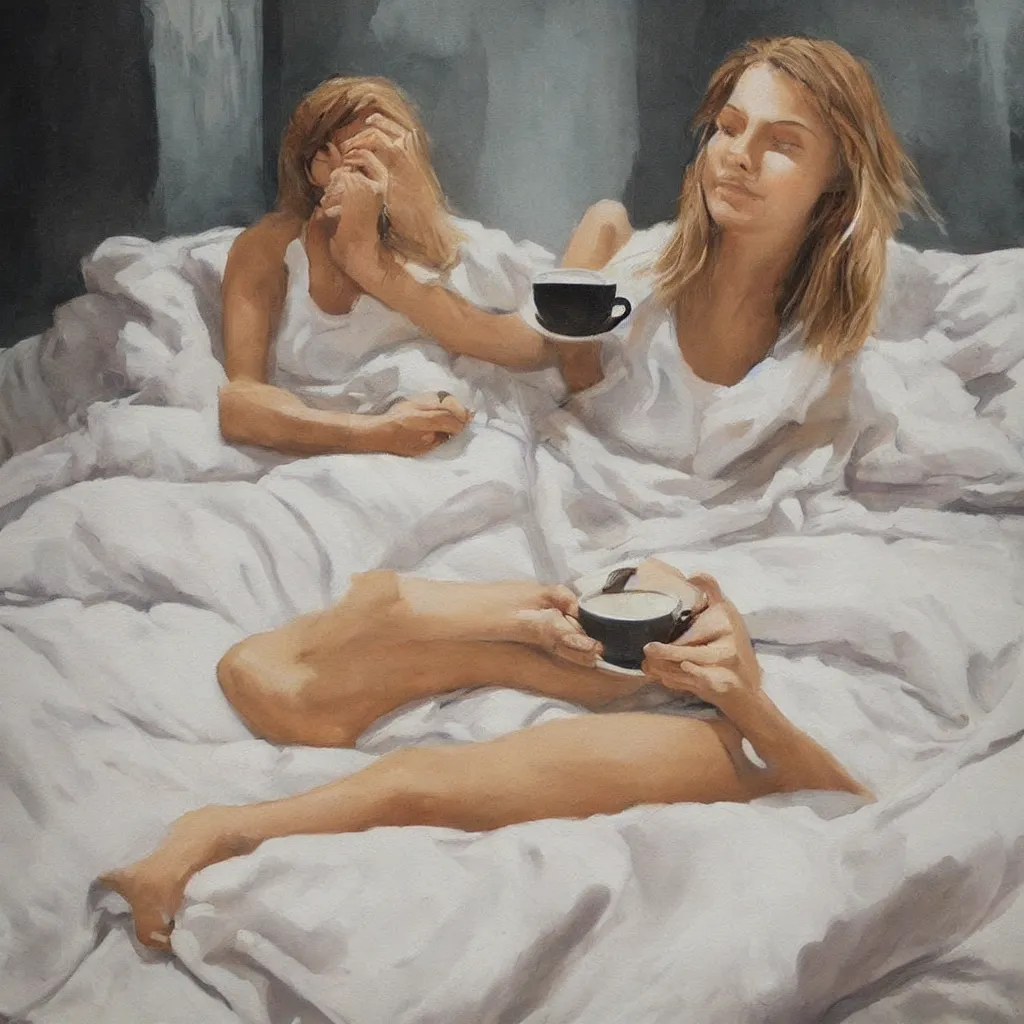 Image similar to a beautiful painting of a beautiful far woman drinking coffee in a bed with white sheets drinking coffee