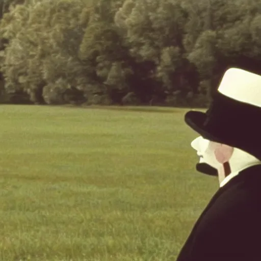 Image similar to a film still of a man holding a cane wearing a black suit and a bowler hat with a robotic face walking in a empty field in a 60s movie, black and white