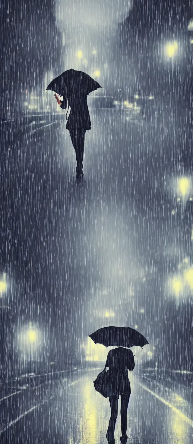 Prompt: lonely girl with umbrella on the wet road, rain, thunder, fog, night street, anime style