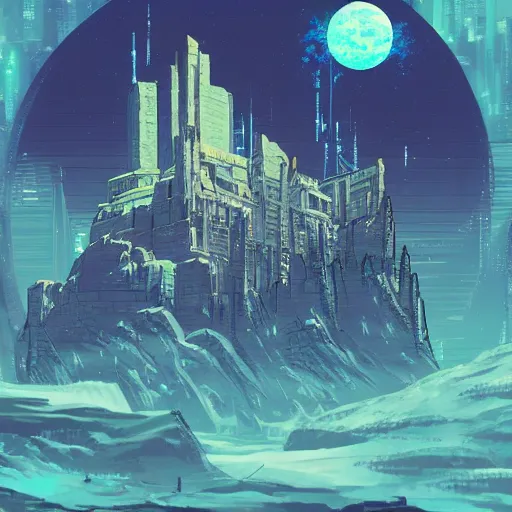 Image similar to stone castle in the style of cyberpunk ontop of a mountain, space sky, anime illustration,