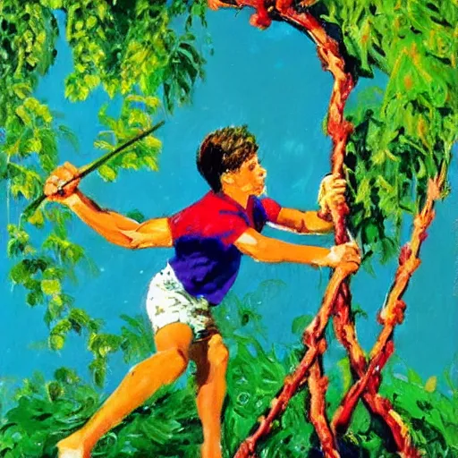 Prompt: a leroy neiman painting of a a young teen swinging a machete at a large monster made of vines and plants, dynamic pose, bat swing pose