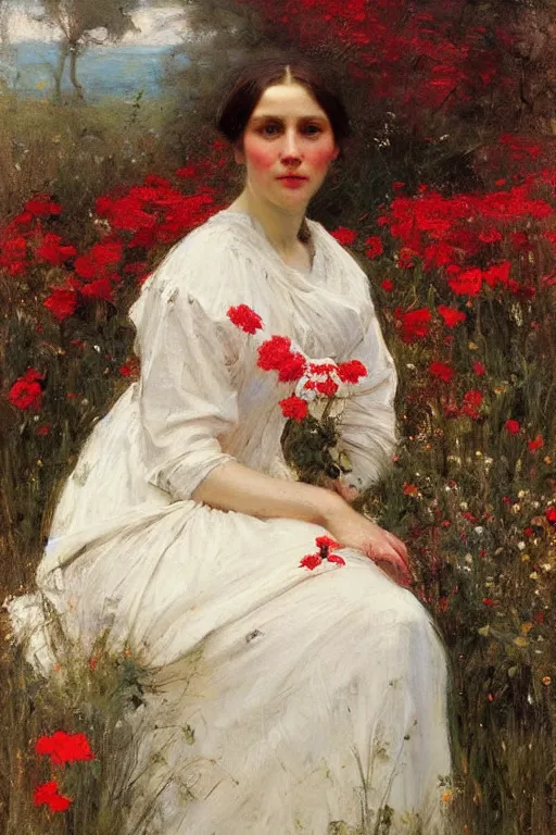 Image similar to Solomon Joseph Solomon and Richard Schmid and Jeremy Lipking victorian genre painting portrait painting of an beautiful slender cottagecore girl in an open field of flowers, red background