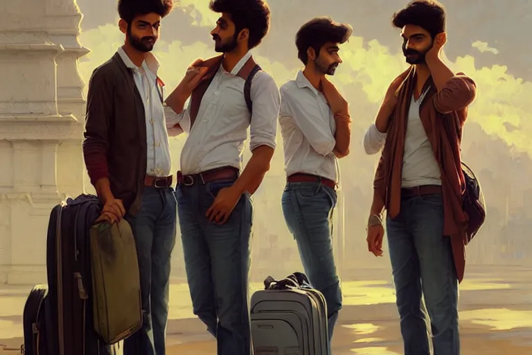 Image similar to Anxious good looking pale young Indian doctors wearing jeans and shirts at the airport, portrait, elegant, intricate, digital painting, artstation, concept art, smooth, sharp focus, illustration, art by artgerm and greg rutkowski and alphonse mucha