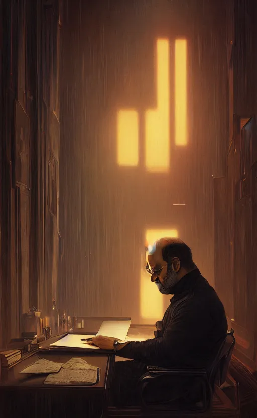 Image similar to portrait of salman rushdie writing in the dark, deep focus, blade runner 2 0 4 9, fantasy, intricate, elegant, highly detailed, digital painting, artstation, concept art, matte, sharp focus, illustration, art by artgerm and greg rutkowski and alphonse mucha