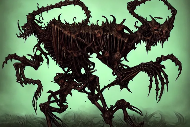 Image similar to D&D Monster Manual, undead skeletal creature that's goopy with ooze, shambling with glowing magic circles in its eye sockets, heavy fog, eery dead swamp setting