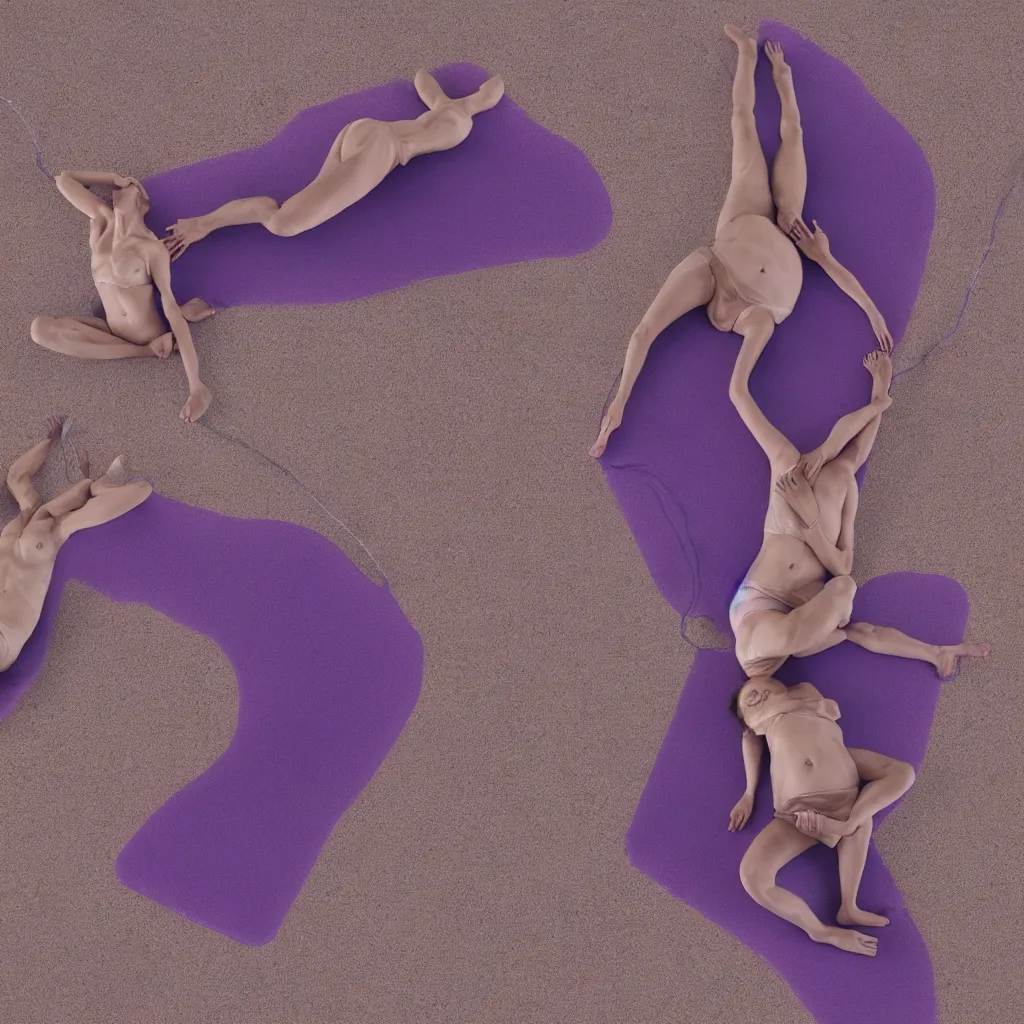 Prompt: aerial view of iridiscent oil spill in desert sand tempest with women corpses connected by cables and computers to wax forms to a buried baby relaxing on yoga mat, faded, purple gradient, dust, purple fog, depth of field, by werner herzog, hans bellmer and nadav kander, 8 k, sad atmosphere, cinematic