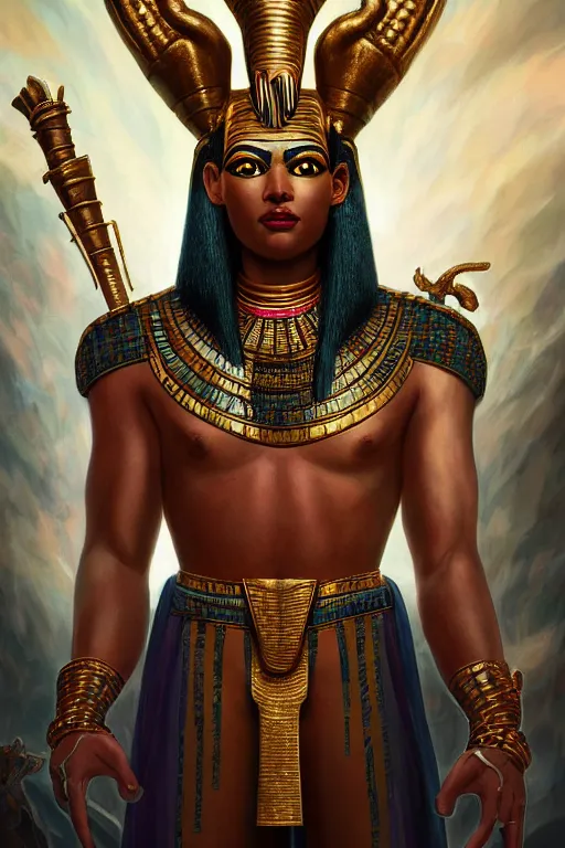 Image similar to egypt god osiris, god of the underworld, highly detailed, d & d, fantasy, highly detailed, digital painting, trending on artstation, concept art, sharp focus, illustration, global illumination, ray tracing, realistic shaded, art by artgerm and greg rutkowski and fuji choko and viktoria gavrilenko and hoang lap, sunny