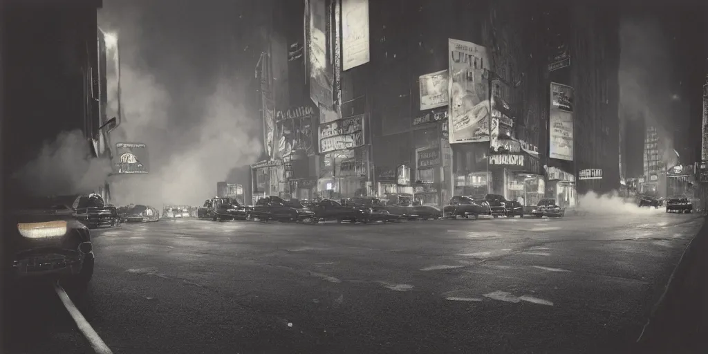 Image similar to a high resolution photo of a new york street at night surrounded with smoke and cars with bright headlights by joel meyerowitz and ansel adams, realistic photo, leica, magnum award winning photograph, parallax photography,