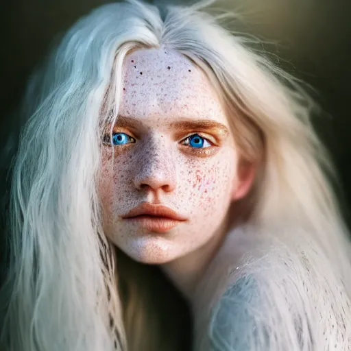 Image similar to beautiful hyperreal portrait of a cute woman, long white hair, freckles, blue eyes, very detailed face, soft smile golden hour, soft focus, 8 k, portra 4 0 0