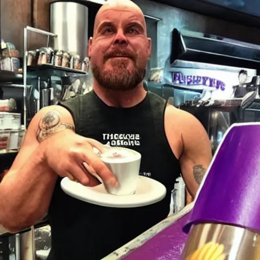 Image similar to thanos as a starbucks barista