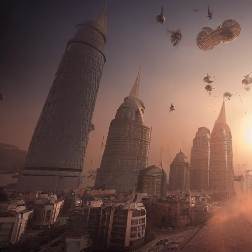 Prompt: Aliens invading Istanbul, frist person view, smoke, sunrise, ominus, terror, futuristic, realistic, octan render, cgsociety, unreal engine