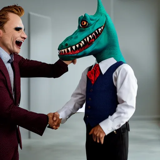 Image similar to The Joker shaking hands with an anthropomorphic dinosaur who is wearing a suit in an office, 8k, detailed,