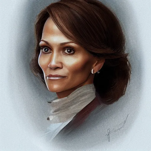 Image similar to portrait of maci holloway in the oval office, first woman elected as president in usa, cold but beautiful, about 3 5 years old, highly detailed, mix of halle berry and julia roberts, gong li, olga kurylenko, artstation hd, deviantart, by artgem, greg rutkowski