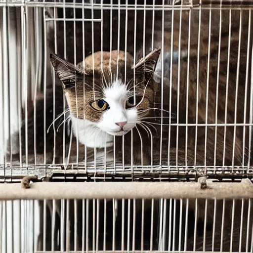 Prompt: cats in a cage in kitchen,