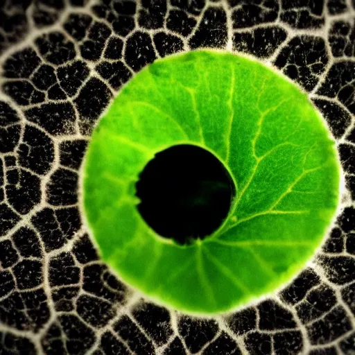 Image similar to beautiful photo of a close up of a green leaf, with a small hole in it. through the hall you can see a women's face, who is looking through.