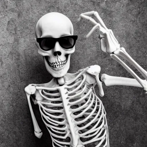 Prompt: a skeleton in sunglasses dancing without a care, artistic photography, f stop, iso, gray dungeon background, very realistic