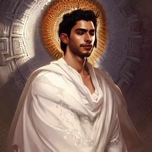 Prompt: Peruvian male god wearing a white perizoma, intricate, elegant, highly detailed, digital painting, artstation, concept art, smooth art, sharp focus, illustration, art by artgerm and greg rutkowski and alphonse mucha and loish and WLOP